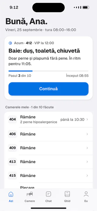 Die Handy-App, wie sie für eine Zimmerkraft entworfen ist, auf Rumänisch: Anas Tag, Zimmer 412 als Nächstes, der VIP um 12:00.